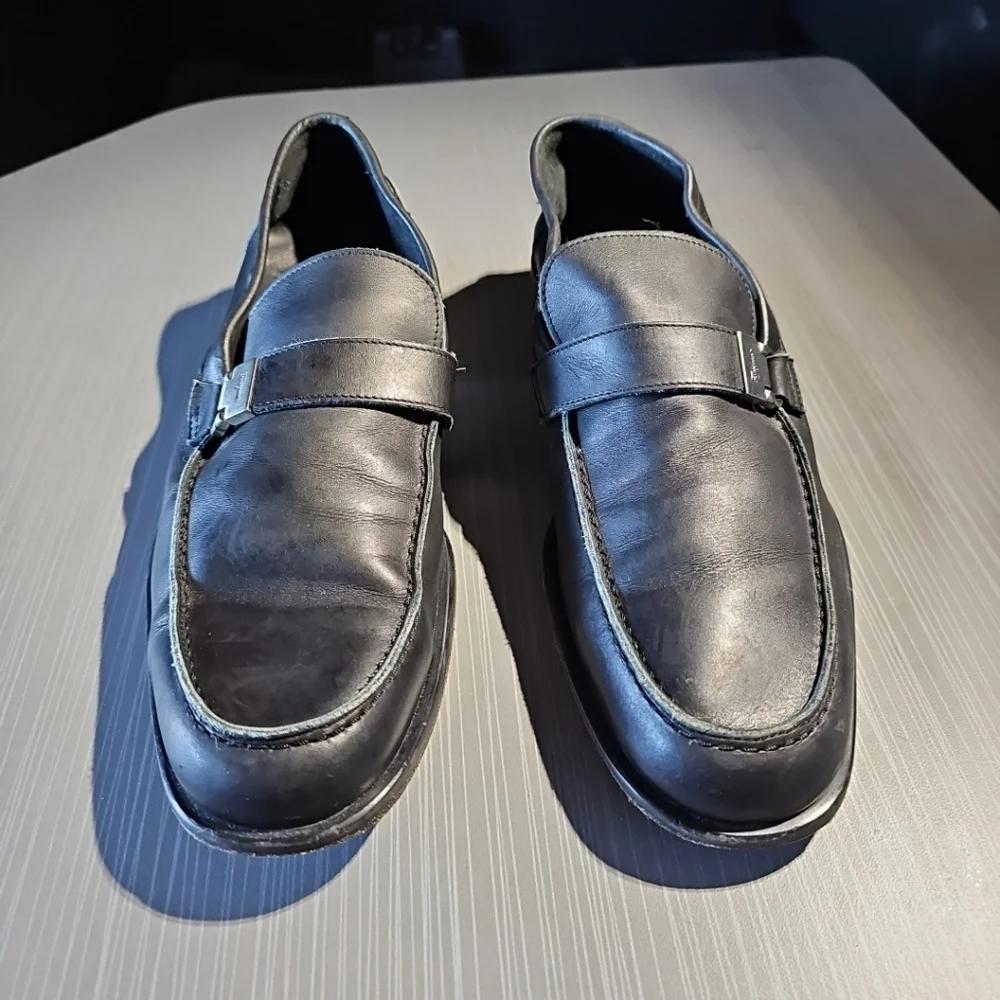 Salvatore Ferragamo Black Leather Loafers Buckle Strap Men's 9D Good‎ Condition
